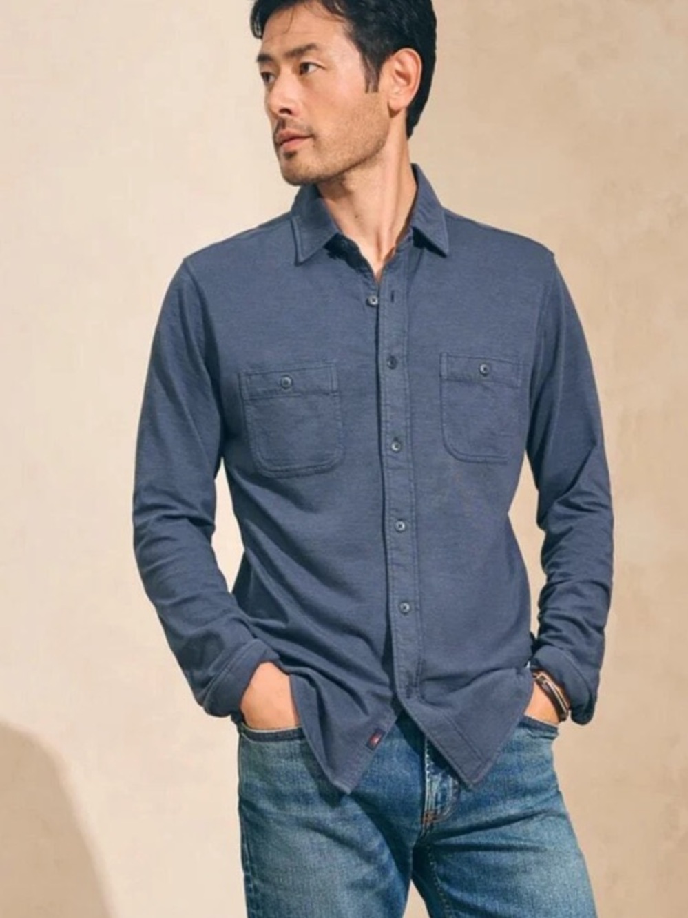 Faherty Brand Blue Sunwashed Organic Cotton Knit Shirt